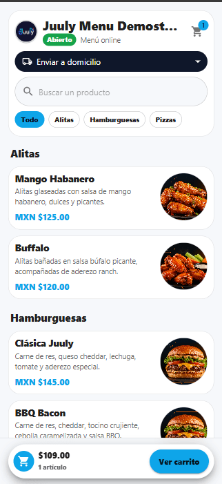 Vista móvil del menú online demostrativo de Juuly